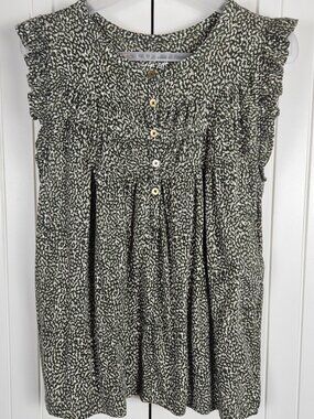 LOFT Vintage Soft Patterned Print Shirt Size S Olive Green Tan White 100% Cotton